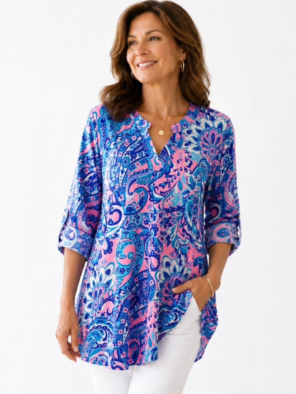 Dear Scarlett Size XL Paisley Tunic Top Pink Blue Roll Tab Sleeve Stretch Boho